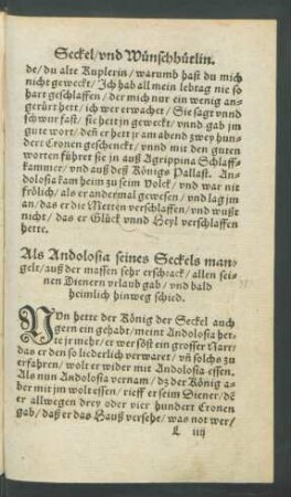 Als Andolosia seines Seckels mangelt/ auß der massen sehr erschrack/ allen seinen Dienern urlaub gab/ und bald heimlich hinweg schied.
