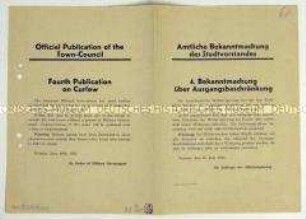 Amtliche Bekanntmachung der Stadtverwaltung von Weimar im Auftrag der Amerikanischen Militärverwaltung zur Festsetzung einer Ausgangsbeschränkung, in englischer und deutscher Ausfertigung