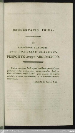 Commentatio Prima. De Librorum Platonis, Quos Politeian Inscripsit, Proposito Atque Argumento