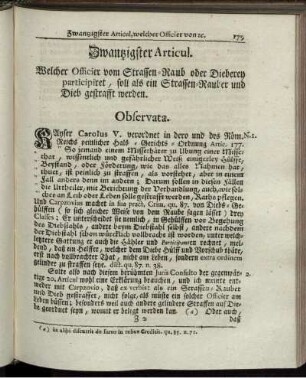 Zwanzigster Articul. Welcher Officier vom Strassen-Raub oder Dieberey participiret, soll als ein Strassen-Rauber und Dieb gestrafft werden.