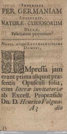 IMPERIALI PER GERMANIAM SOCIETATI, NATURAE-CURIOSORUM DICTAE, Felicitatem perpetuam!