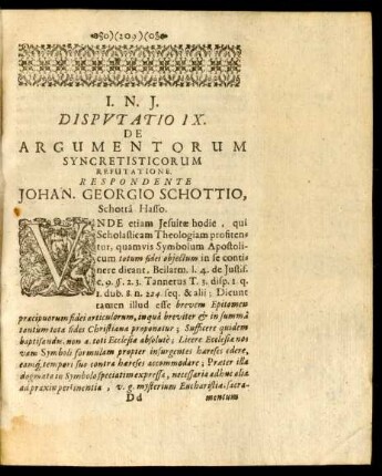 Disputatio IX. De Argumentorum Syncretisticorum Refutatione ...