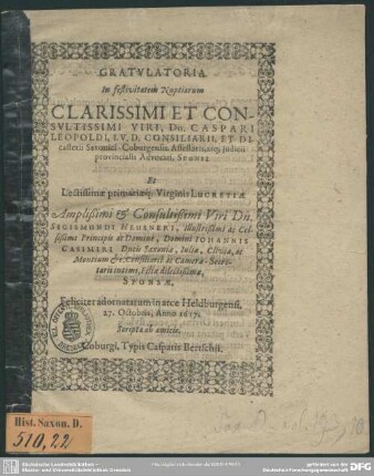 Gratulatoria in festivitatem nuptiarum Caspari Leopoldi et Lucretiae Heusner ..