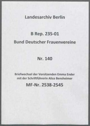 Briefwechsel der Vorsitzenden Emma Ender mit der Schriftführerin Alice Bensheimer