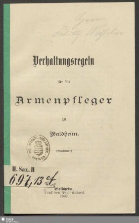 Verhaltungsregeln für die Armenpfleger zu Waldheim