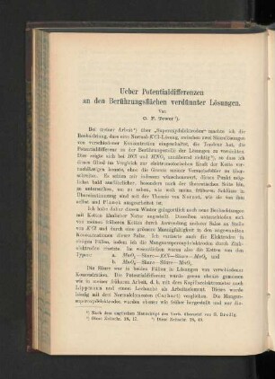 Ueber Potentialdifferenzen an den Berührungsflächen verdünnter Lösungen.