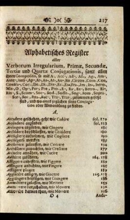 Alphabetisches Register aller Verborum Irregularium, Primae, Secundae, Tertiae und Quartae Conjugationis, samt allen ihren Compositis, so ...
