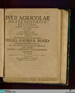 Iulii Agricolae ortus, educatio et studia, e cap. IV. vitae ipsius a Cornelio Tacito scriptae : diss.