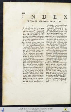 Index Rerum Memorabilium.