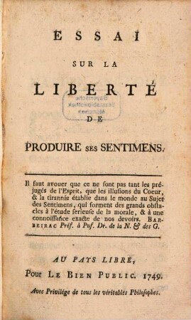 Essai sur la liberté de produire ses sentimens