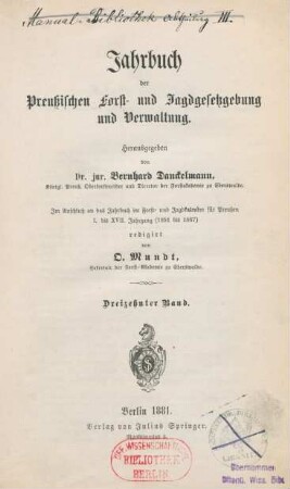 13.1881: Jahrbuch der preussischen Forst- und Jagdgesetzgebung und -Verwaltung
