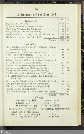 Kassenbericht auf das Jahr 1907