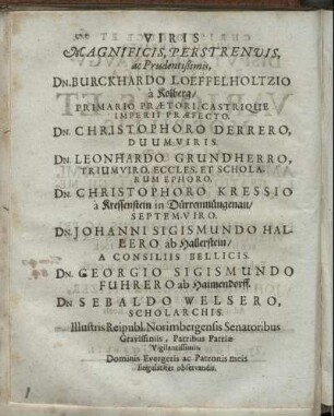 Viris Magnificis, Perstrenuis [...] Dn. Burckhardo Loeffelholtzio a Kolberg [...] Dn. Christophoro Derrero [...] Dn. Leonhardo Grundherro [...] Dn. Christophoro Kressio a Kressenstein [...] Dn. Johanni Sigismundo Hallero ab Hallerstein [...] Dn. Georgio Sigismundo Fuhrero ab Haimendorff [...] Dn. Sebaldo Welsero [...]