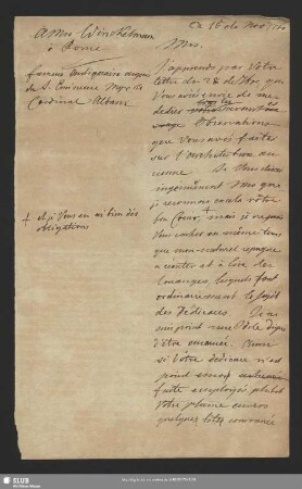 Mscr.Dresd.App.3140,9. - Konzept des Antwortbriefes von Graf Wackerbarth-Salmour an Johann Joachim Winckelmann, [München], 15.11.1760