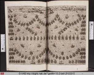 [Flotte in symmetrischer Formation vor einem Kloster und einer Stadt.]
