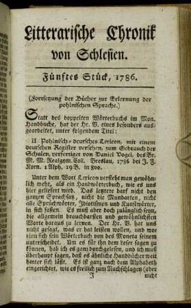 Litterarische Chronik von Schlesien. Fünftes Stück, 1786.