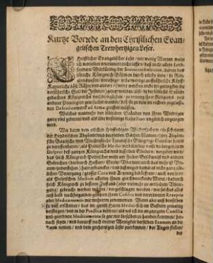 A3v-A4r, Kurtze Vorrede an den Christlichen Evangelischen Trewhertzigen Leser