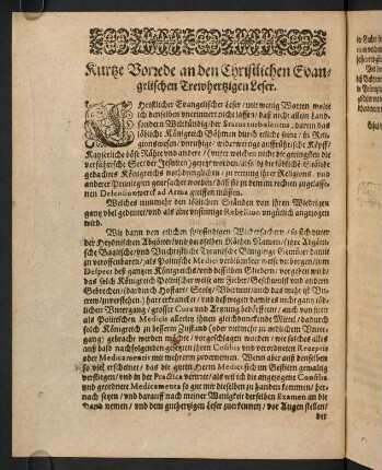 A3v-A4r, Kurtze Vorrede an den Christlichen Evangelischen Trewhertzigen Leser