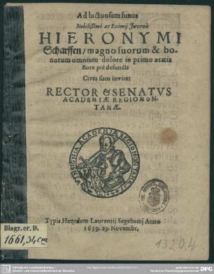 Ad funus Hieronymi Scharffen invitat rector et senatus academiae Regiomontanae