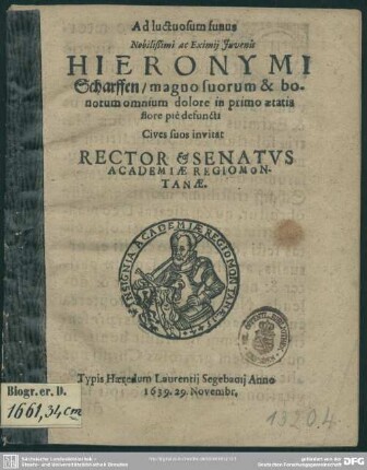 Ad funus Hieronymi Scharffen invitat rector et senatus academiae Regiomontanae