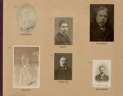 Bl. 31: Fotografien der Mathematiker Johannes Hjelmslev, Harald August Bohr, Samuel Dickstein, Niels Erik Nørlund, Aleksandr V. Vasil'ev und Dmitrij F. Selivanov, 1920 - 1922