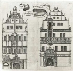 Georgentor zur Zeit des Herzog Georg des Bärtigen : Georgentor zur Zeit des Herzog Georg des Bärtigen, links Stadtseite, rechts Elbseite (1534, unbekannter Stecher; Stich; aus: Weck' sche Chronik, Sächsische Landesbibliothek - Staats- und Universitätsbibliothek Dresden (SLUB)