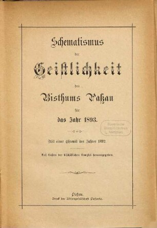 Schematismus des Bistums Passau. 1893