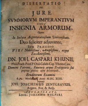 Dissertatio De Jure Svmmorvm Imperantivm Circa Insignia Armorum
