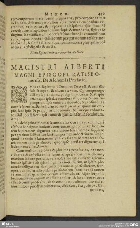 Magistri Alberti Magni Episcopi Ratisbonensis, De Alchemia Praefatio