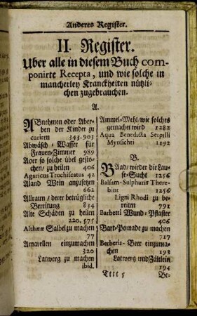 II. Register. Uber alle in diesem Buch componirte Recepta, und wie solche in mancherley Kranckheiten nützlichen zugebrauchen.