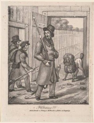 "Heraus!!!": bewaffnete junge Männer an einer Holzpforte während des Leipziger Volksaufstandes im September 1830, aus einer Reihe