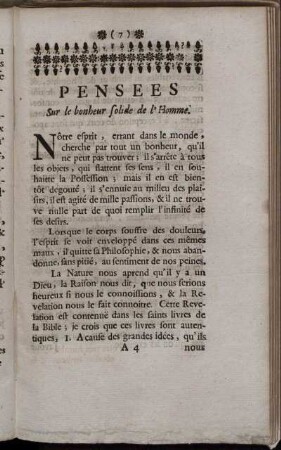 Pensees Sur le bonheur solide de l'Homme.