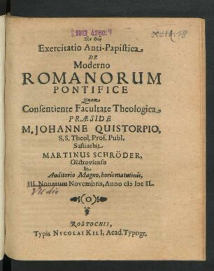 Exercitatio Anti-Papistica De Moderno Romanorum Pontifice