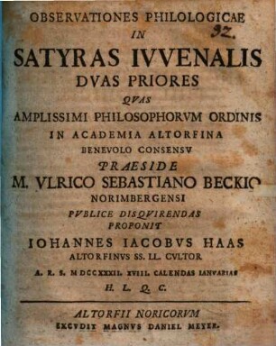 Observationes philologicae in satyras Iuvenalis duas priores