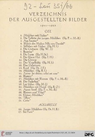 Verzeichnis der ausgestellten Bilder (Nr.1-35)