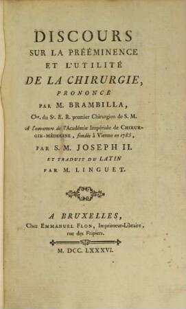 Discours sur la prééminence et l'utilité de la chirurgie