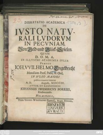 Dissertatio Academica De Ivsto Natvrali Lvdorvm In Pecvniam