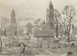 Frühlingslandschaft mit Kreuzkirche und neuem Rathaus, 1950