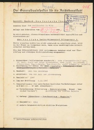 Carltheater, Wien: Fragebogen für das Handbuch »Das Deutsche Theater«, vierseitiges Dokument