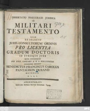 Dissertatio Inauguralis Juridica De Militari Testamento