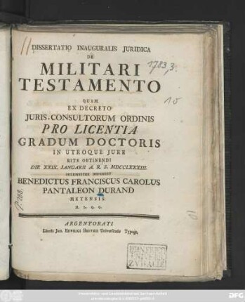 Dissertatio Inauguralis Juridica De Militari Testamento