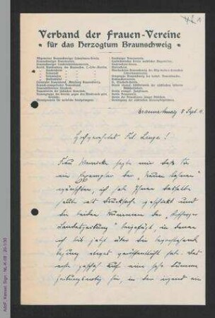Brief von Hedwig Götze an Helene Lange