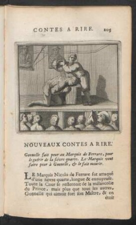Gonnelle fait peur au Marquis de Ferrare, pour le guérir de la fiévre quarte. Le Marquis veut faire peur à Gonnelle, & le fait mourir