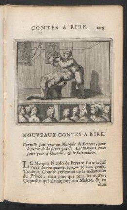 Gonnelle fait peur au Marquis de Ferrare, pour le guérir de la fiévre quarte. Le Marquis veut faire peur à Gonnelle, & le fait mourir