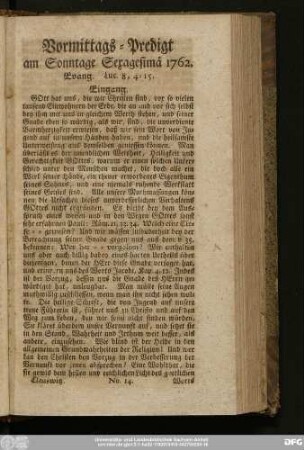 [No. 14.] Vormittags-Predigt am Sonntage Sexagesimä 1762. Evang. Luc. 8, 4 - 15.