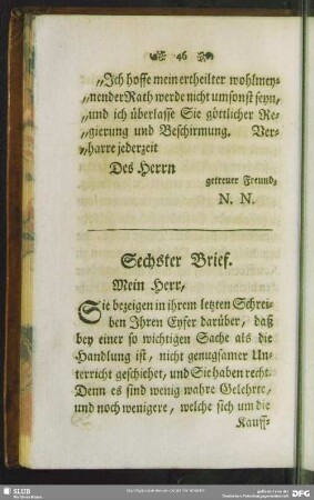 Sechster Brief. Mein Herr,