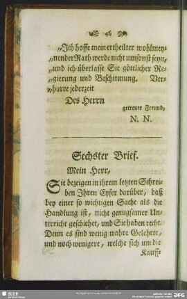 Sechster Brief. Mein Herr,