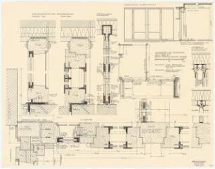 Arzthaus Prof. Bernhardt, Berlin-Charlottenburg: Details: Hauseingang und Schiebewand mit Details - Grundriss, Ansicht 1:20, Detailschnitte 1:1