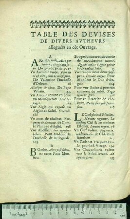 Table Des Devises De Divers Avthevrs alleguées en cét Ouvrage.