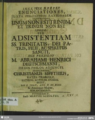 Enunciationes, Iuxta Philosophiam Rationalem Examinandas, Unum Non Est Trinum, Et Trinum Non Est Unum